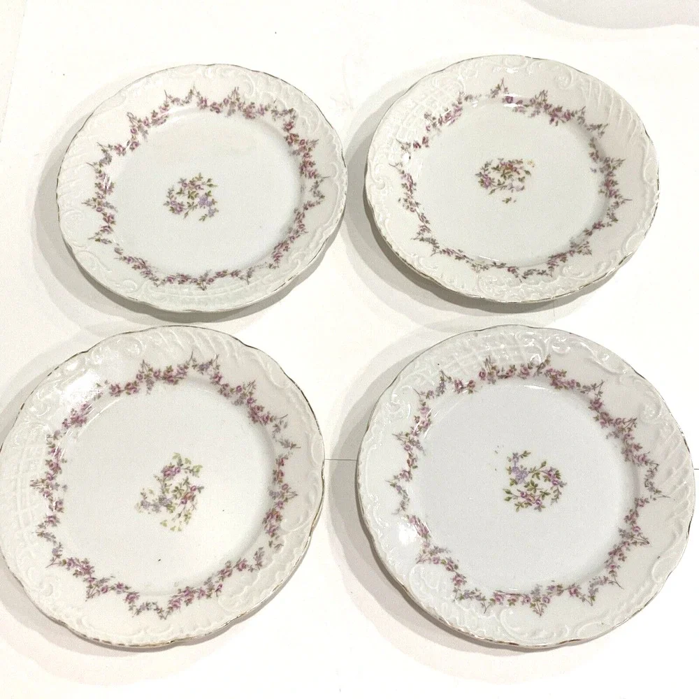 Vintage CT dessert cake plates set (4) delicate pink floral on white porcelain